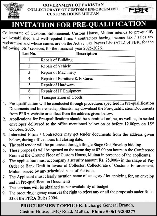 Custom House Multan Tender Notice